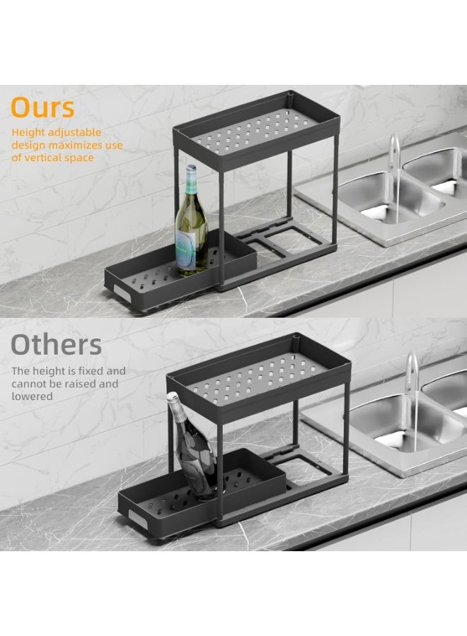 سيوسي Adjustable Under Sink Organizer, Pull-Out Storage Baskets with Telescoping Rod, Expandable Shelf Organizer for Kitchen & Bathroom Cabinets, Cleaning Supplies, Useful for Small Item (Black, 2-Tier) - Image 4
